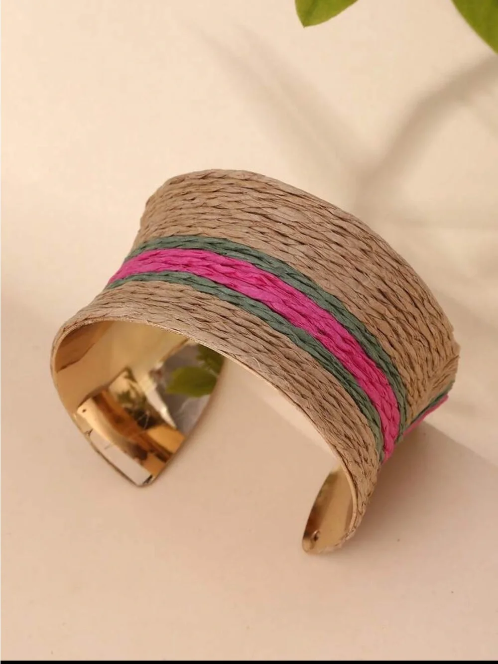 Handwoven Natural Fiber Cuff Bracelet with Pink & Green Accents